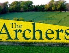 Archers logo over fields for the article BBC Archers Storyline and Unmarried Fathers Rights.